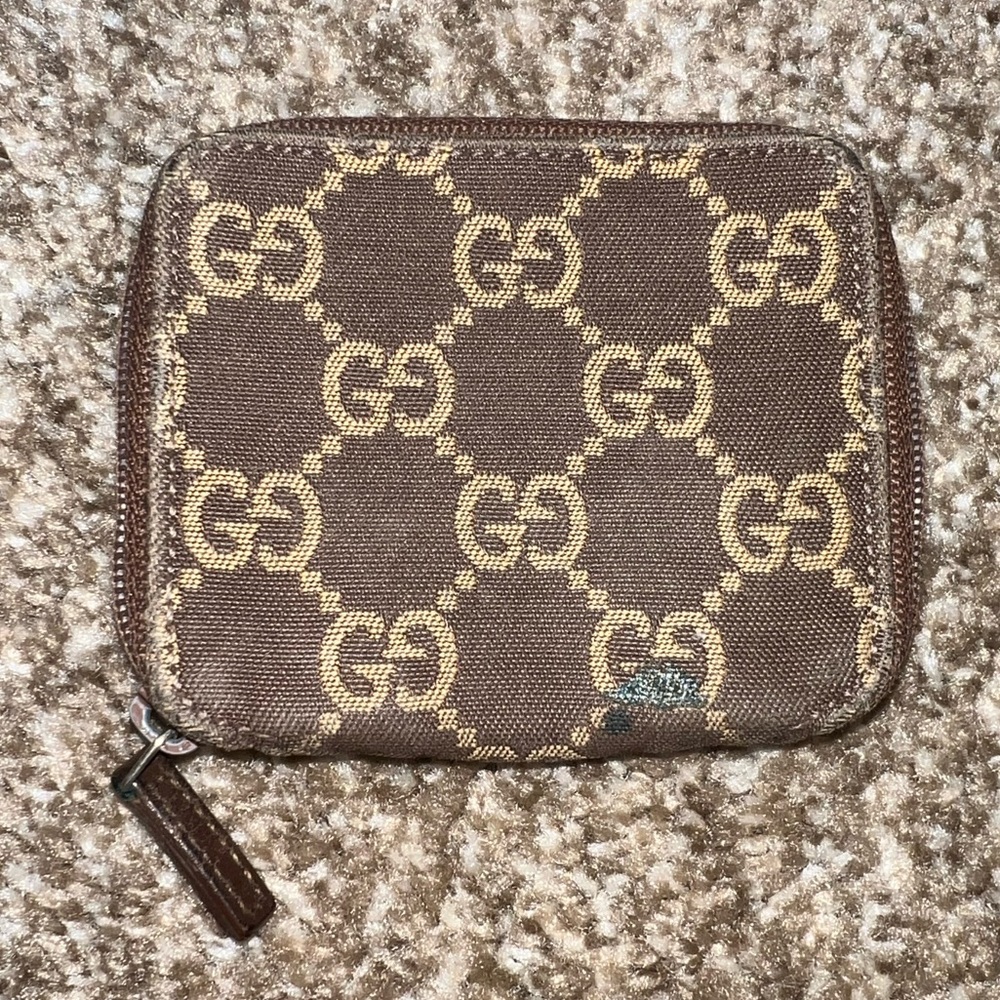 *Broken Zipper* GUCCI Monogram Zip-Around Coin Case Brown Beige Canvas 1990-2000